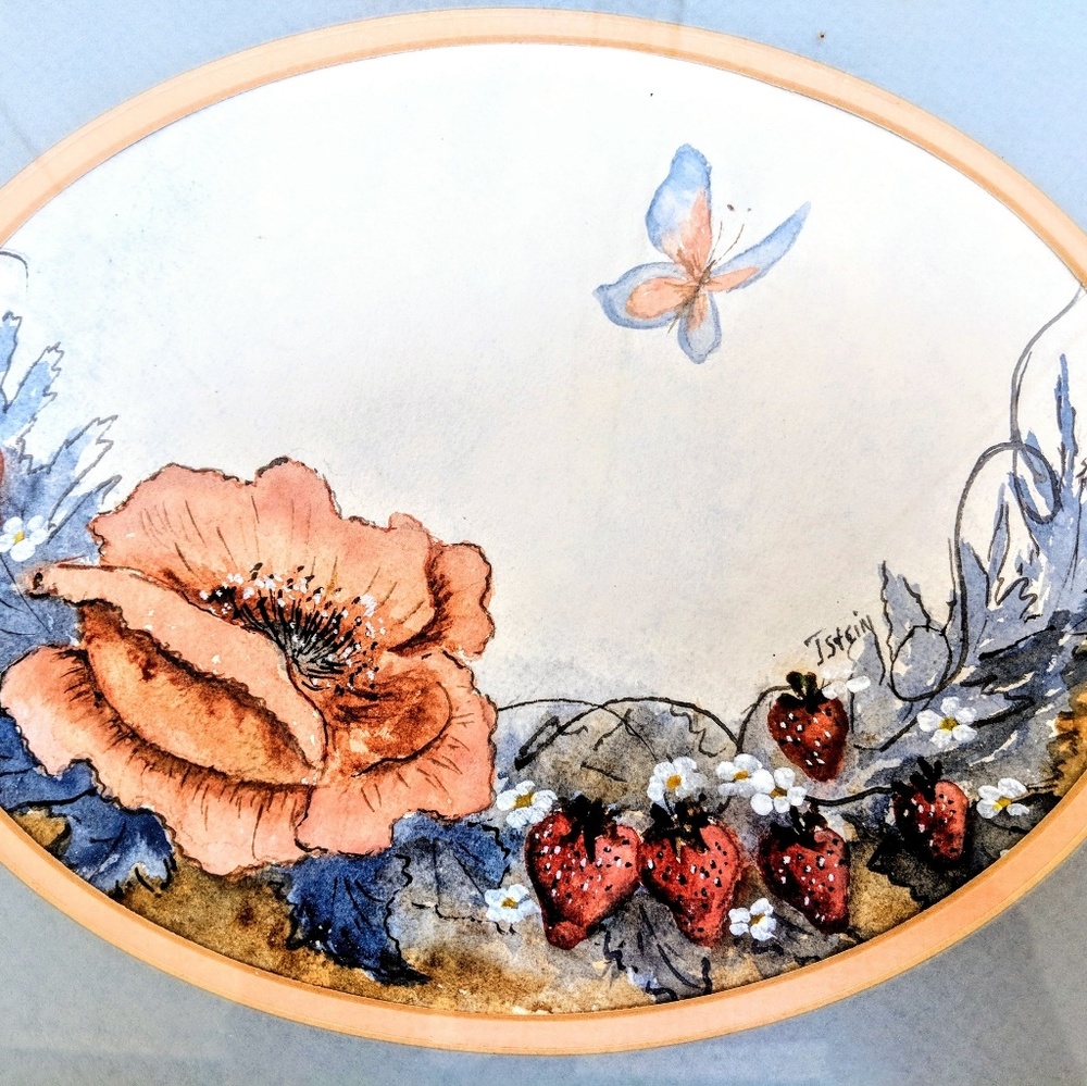 Flower strawberry butterfly watercolor framed art